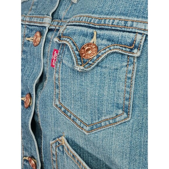 Levis Womens XL Cropped Blue Denim Trucker Jacket Copper Buttons Western Boxy - Picture 7 of 11